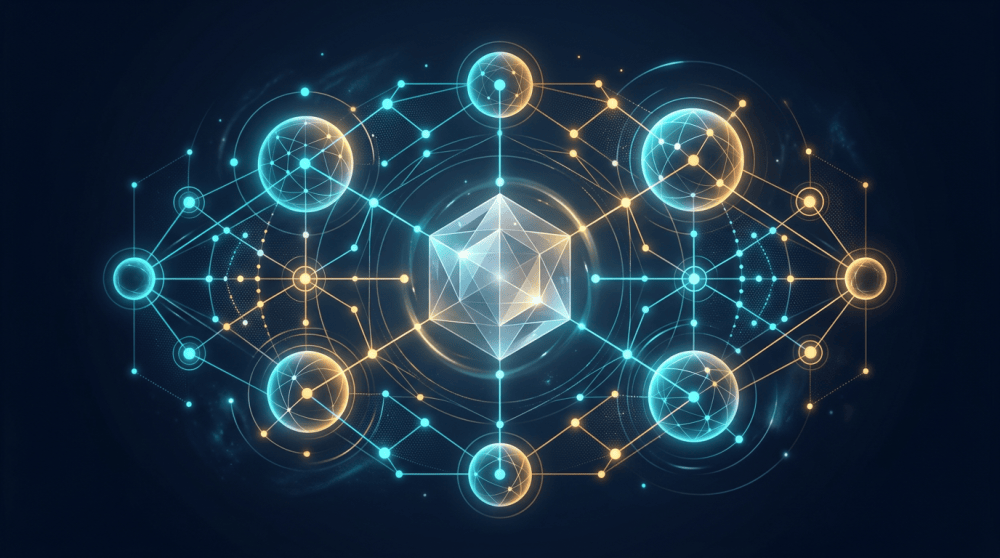 Glowing network of interconnected spheres surrounding a central geometric crystal